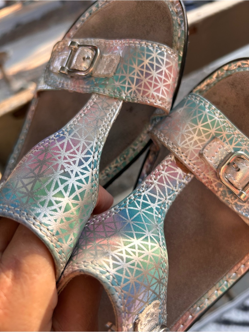 Alegria sandals, pink, and blue open back